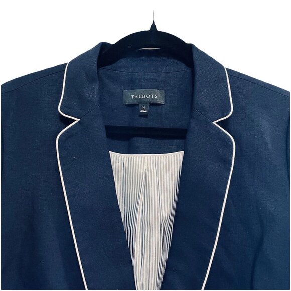 TALBOTS Navy Blue Piped 100% Linen Long Sleeve Jacket Sz 14 - Picture 6 of 11